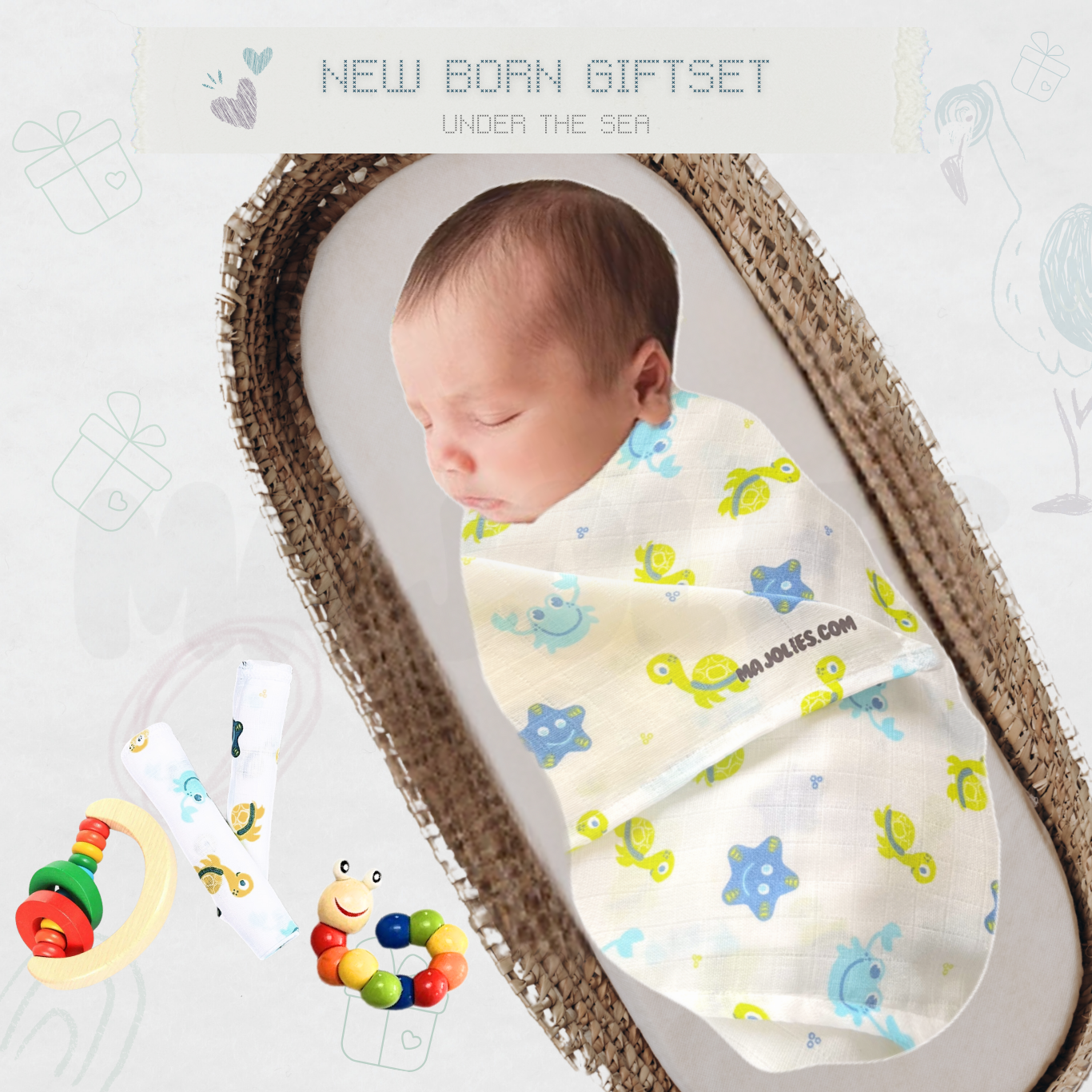Newborn Cuddle & Rattle Gift Set – Muslin Swaddle, Washcloth & Beaded Rattle