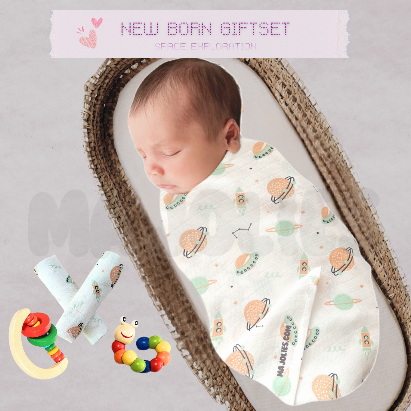 Newborn Cuddle & Rattle Gift Set – Muslin Swaddle, Washcloth & Beaded Rattle