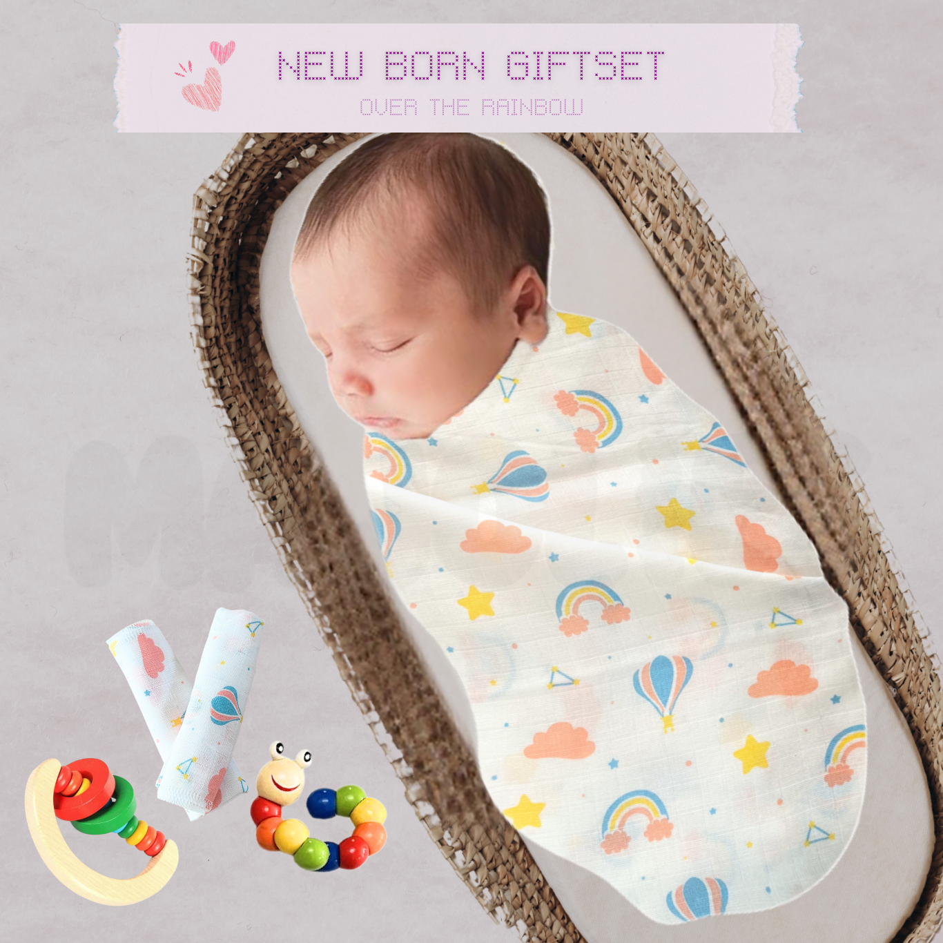 Newborn Cuddle & Rattle Gift Set – Muslin Swaddle, Washcloth & Beaded Rattle