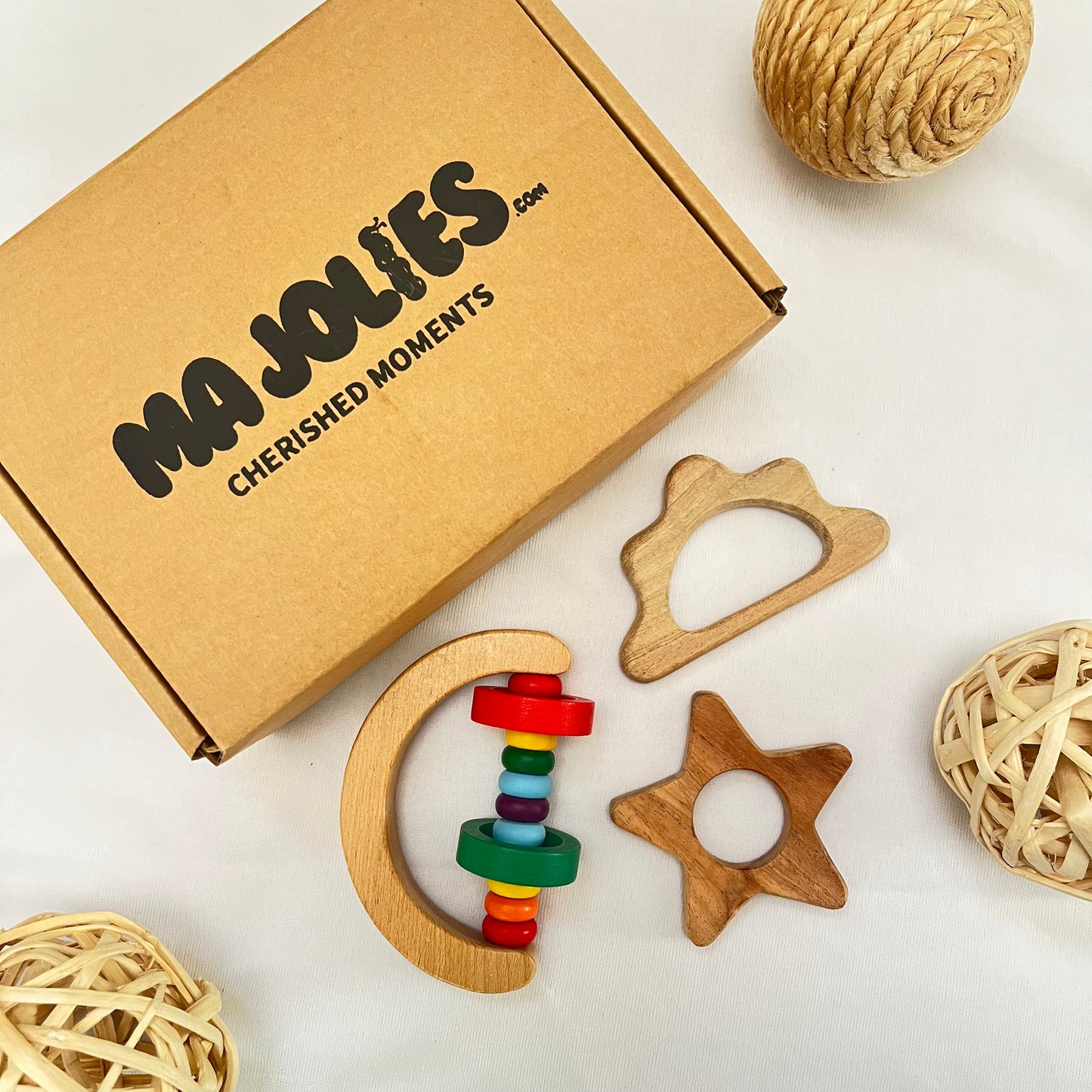 Infant Rattle & Teether Set (3pcs) - Beaded Rattle x 1, Teether x 2