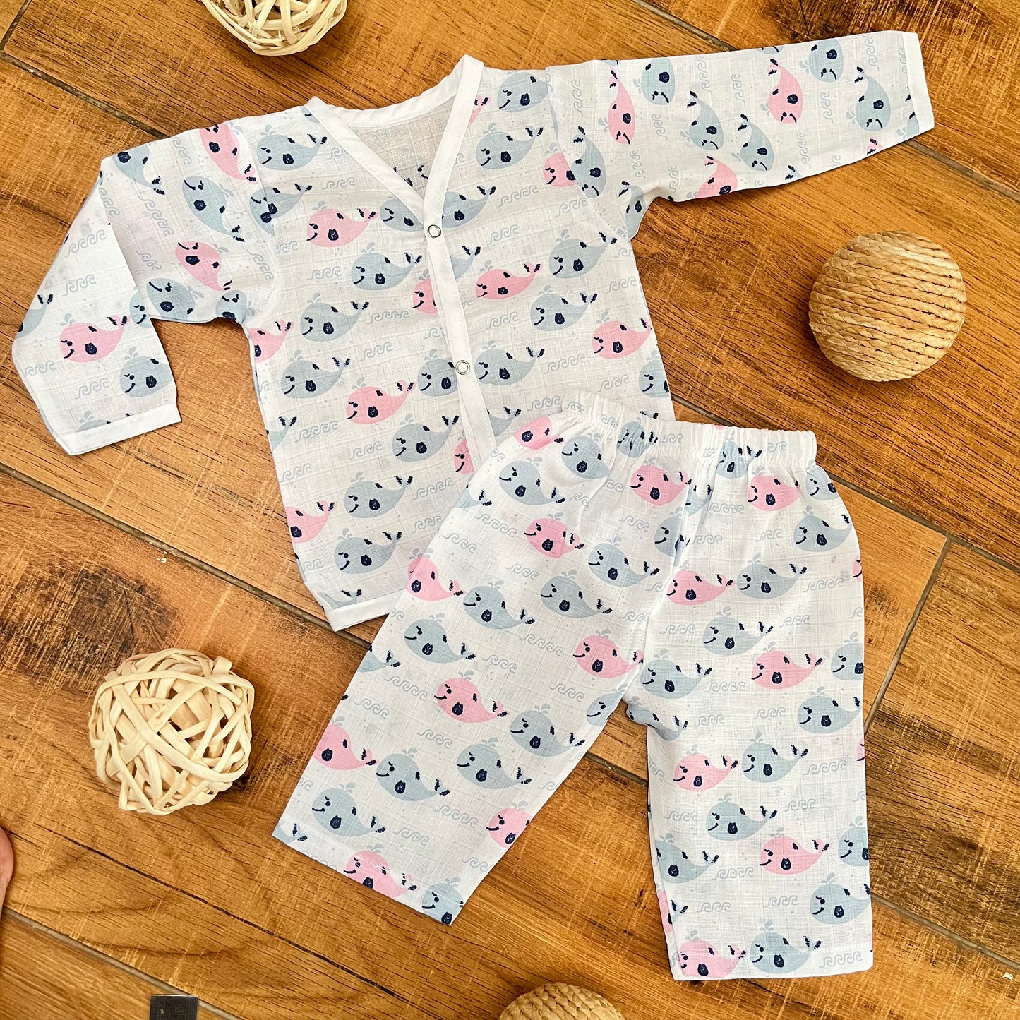 Soft Muslin Full Sleeve Jhabla with Pant (0-3M)