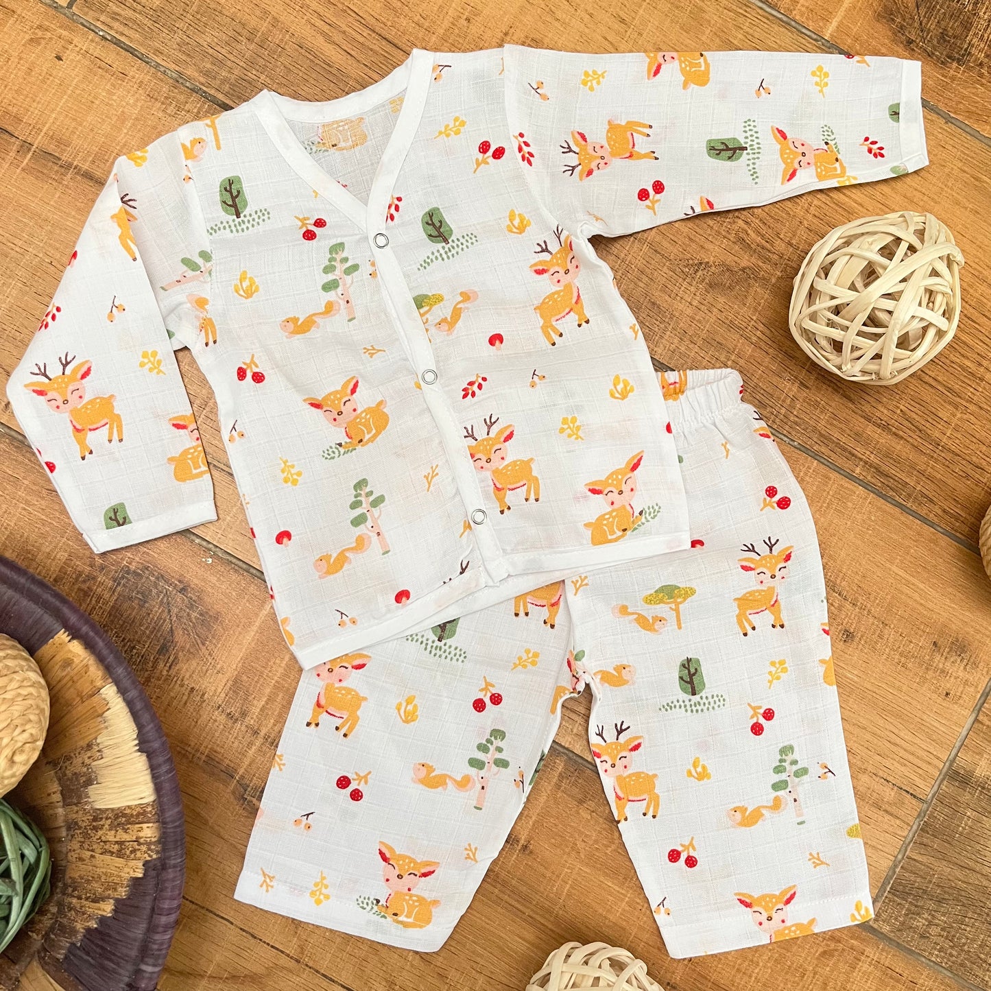Soft Muslin Full Sleeve Jhabla with Pant (0-3M)