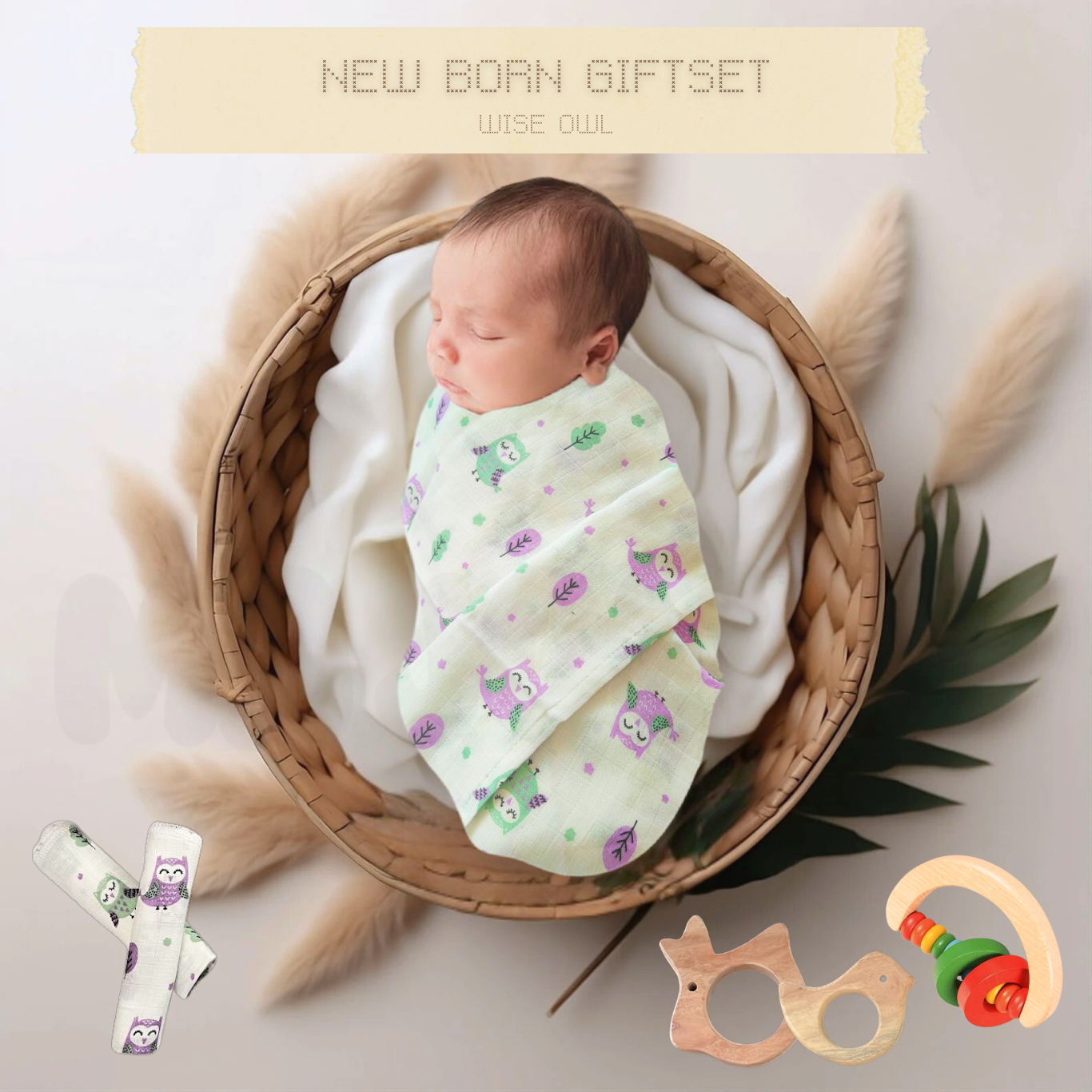 Newborn Nibble and Nest Gift Set - Muslin Swaddle, Washcloths, Teethers & Rattle