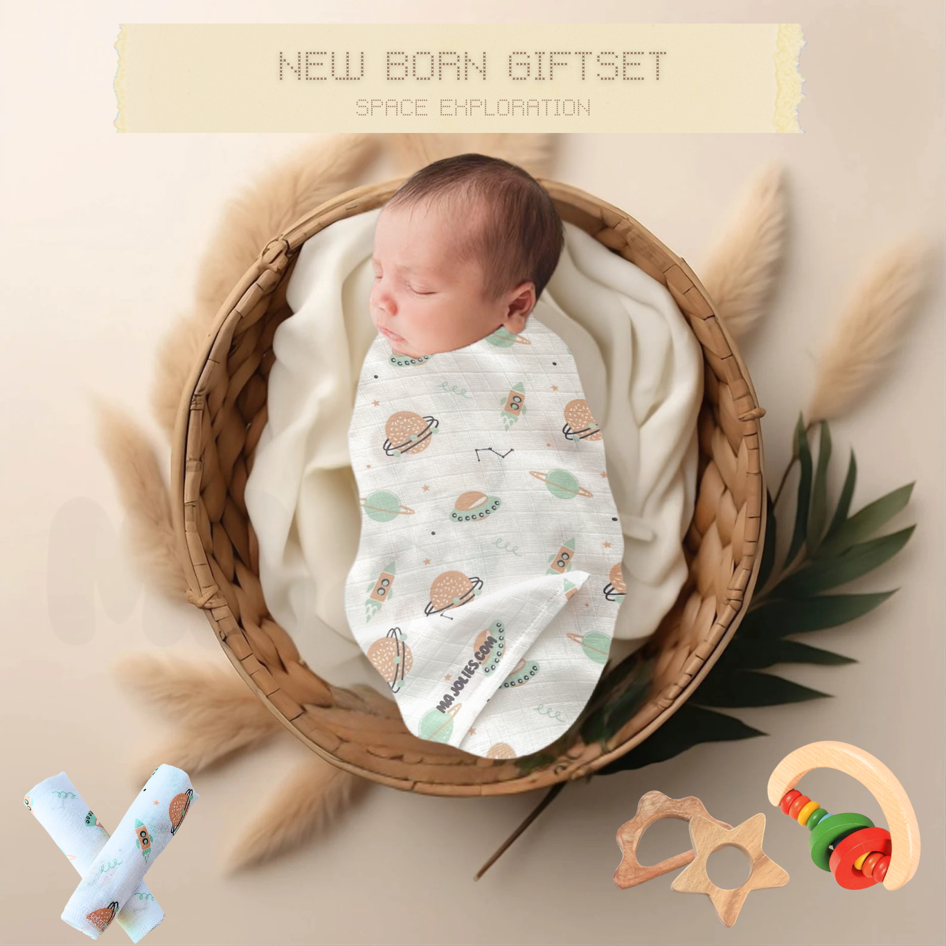 Newborn Nibble and Nest Gift Set - Muslin Swaddle, Washcloths, Teethers & Rattle