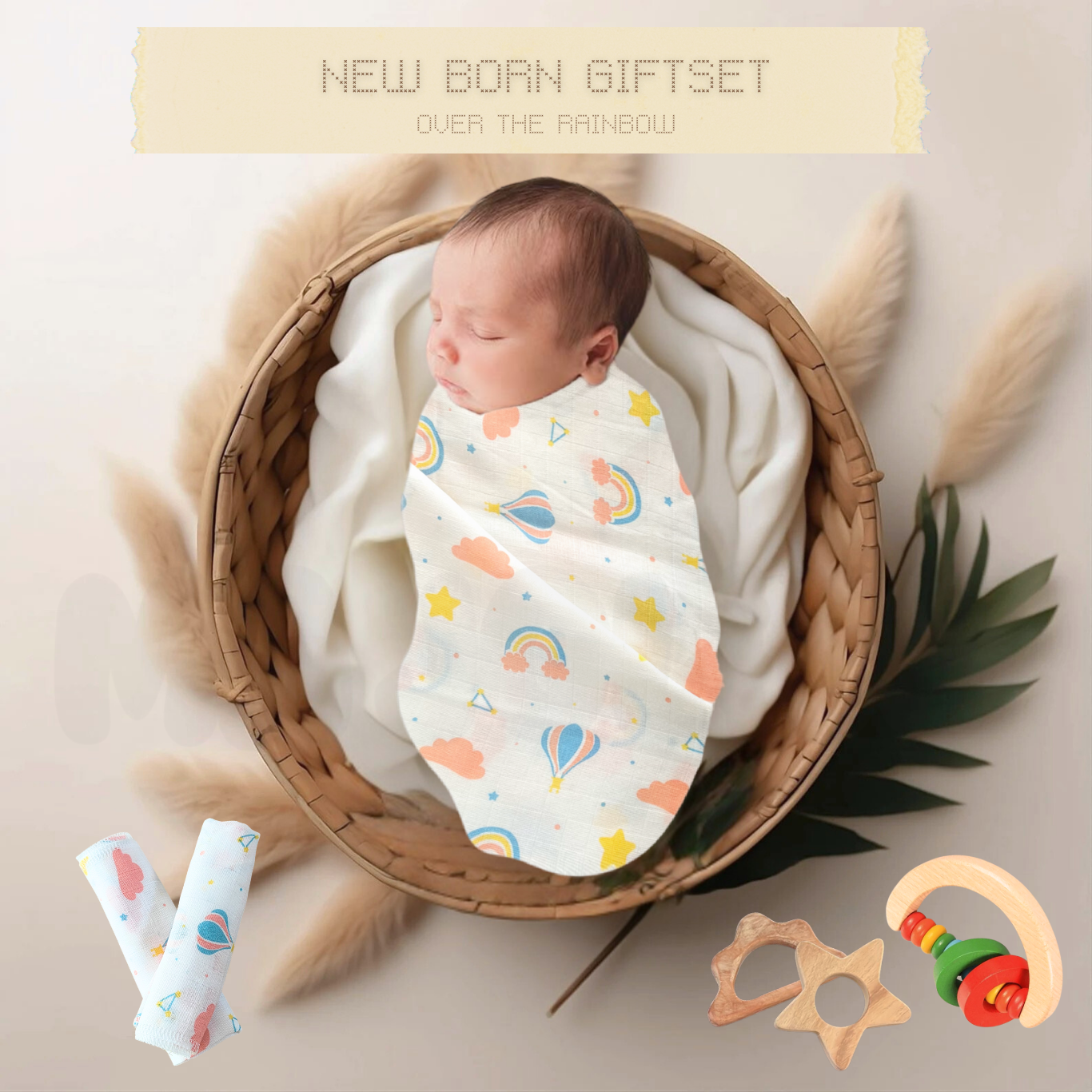 Newborn Nibble and Nest Gift Set - Muslin Swaddle, Washcloths, Teethers & Rattle