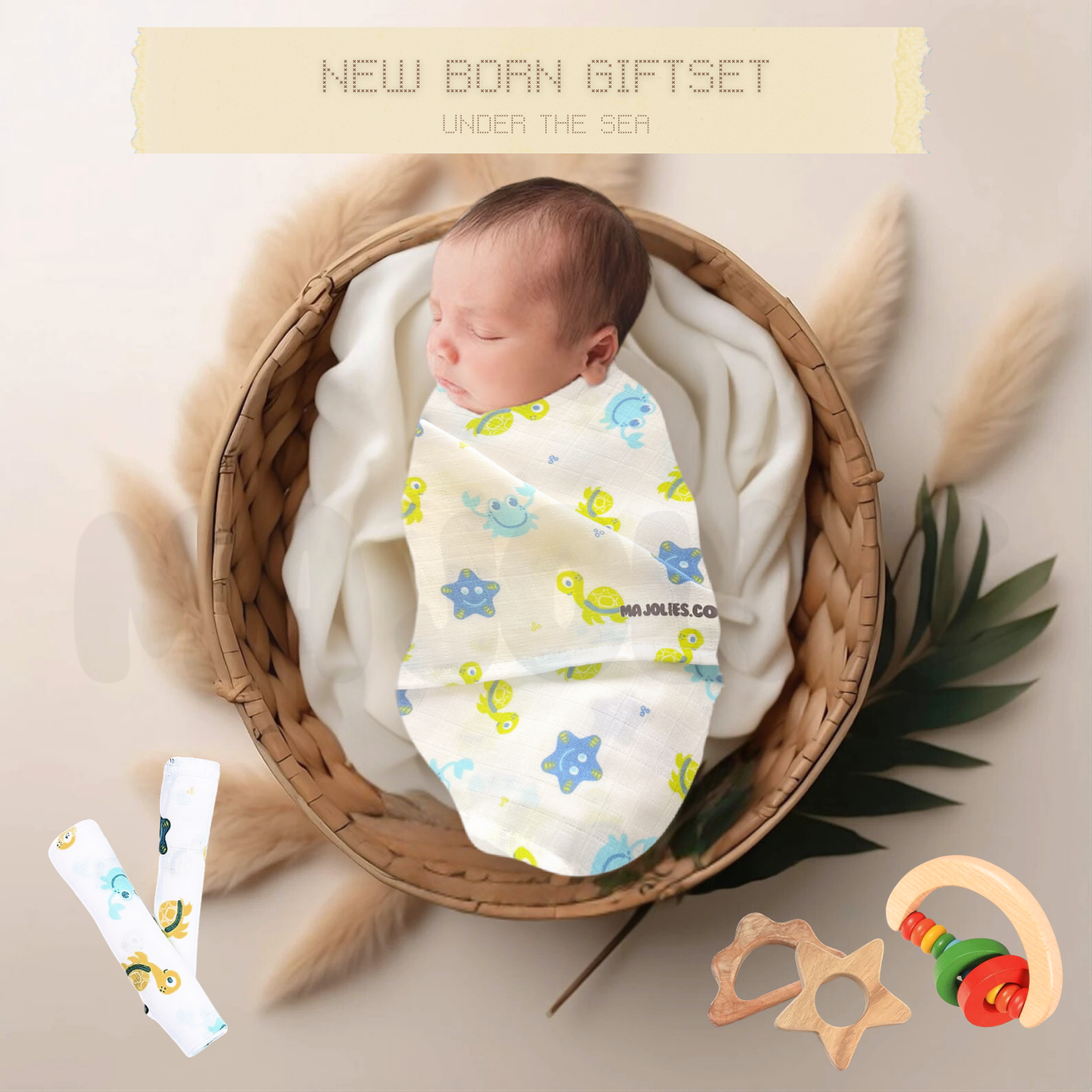 Newborn Nibble and Nest Gift Set - Muslin Swaddle, Washcloths, Teethers & Rattle