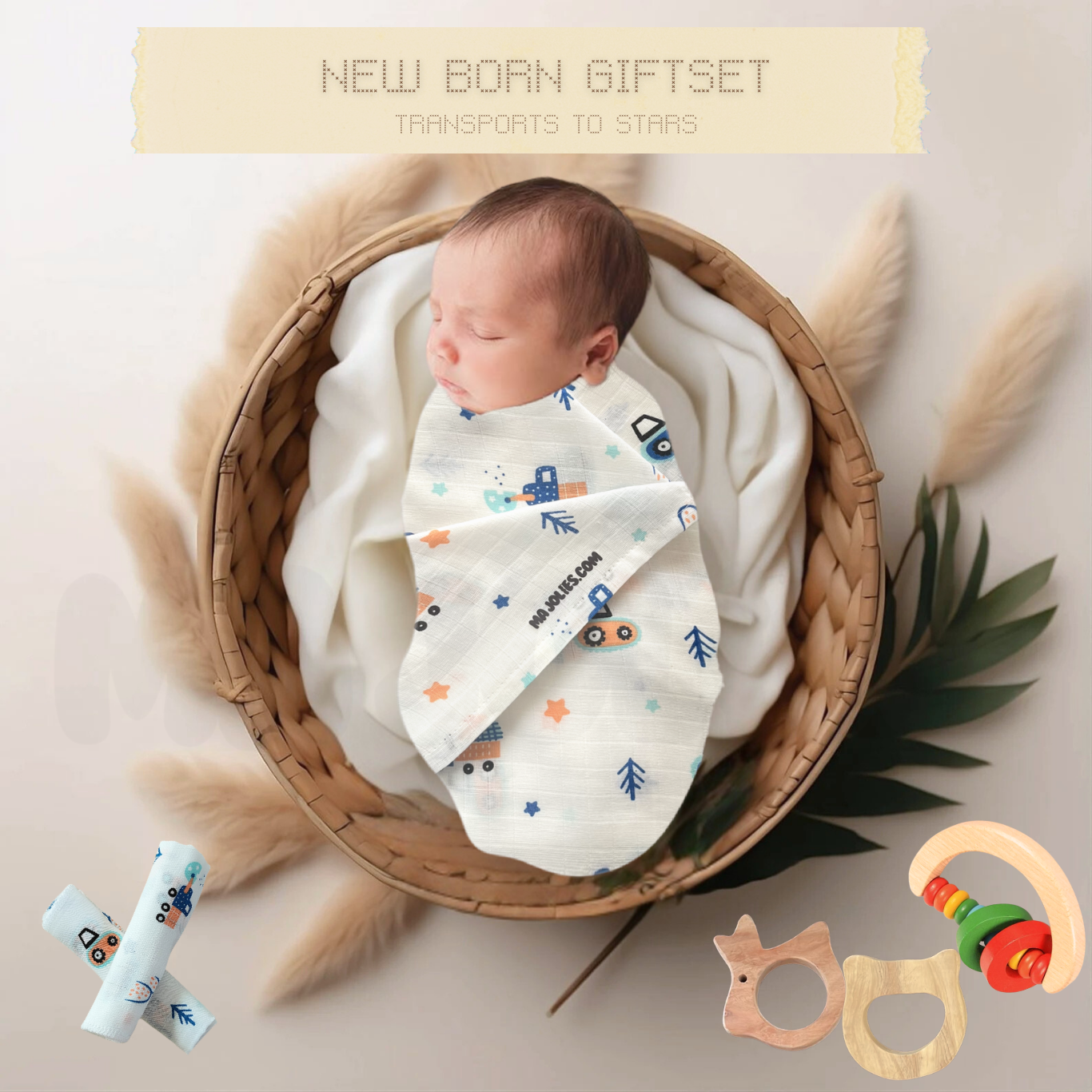 Newborn Nibble and Nest Gift Set - Muslin Swaddle, Washcloths, Teethers & Rattle