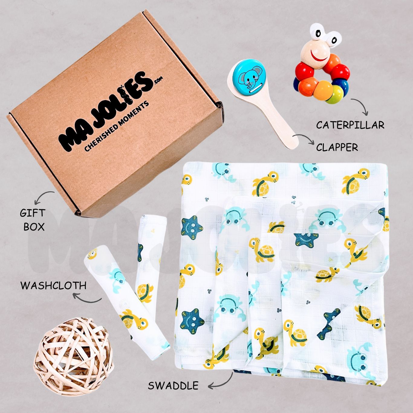 Newborn Snuggle & Play Gift Set – Muslin Swaddle, Washcloth & Wooden Toys