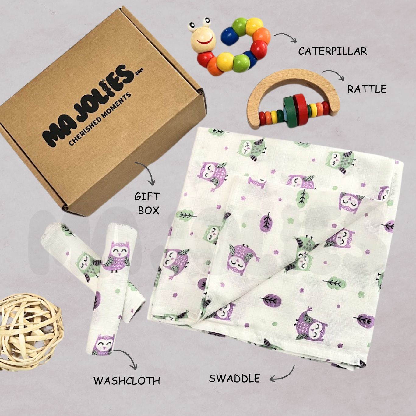 Newborn Cuddle & Rattle Gift Set – Muslin Swaddle, Washcloth & Beaded Rattle