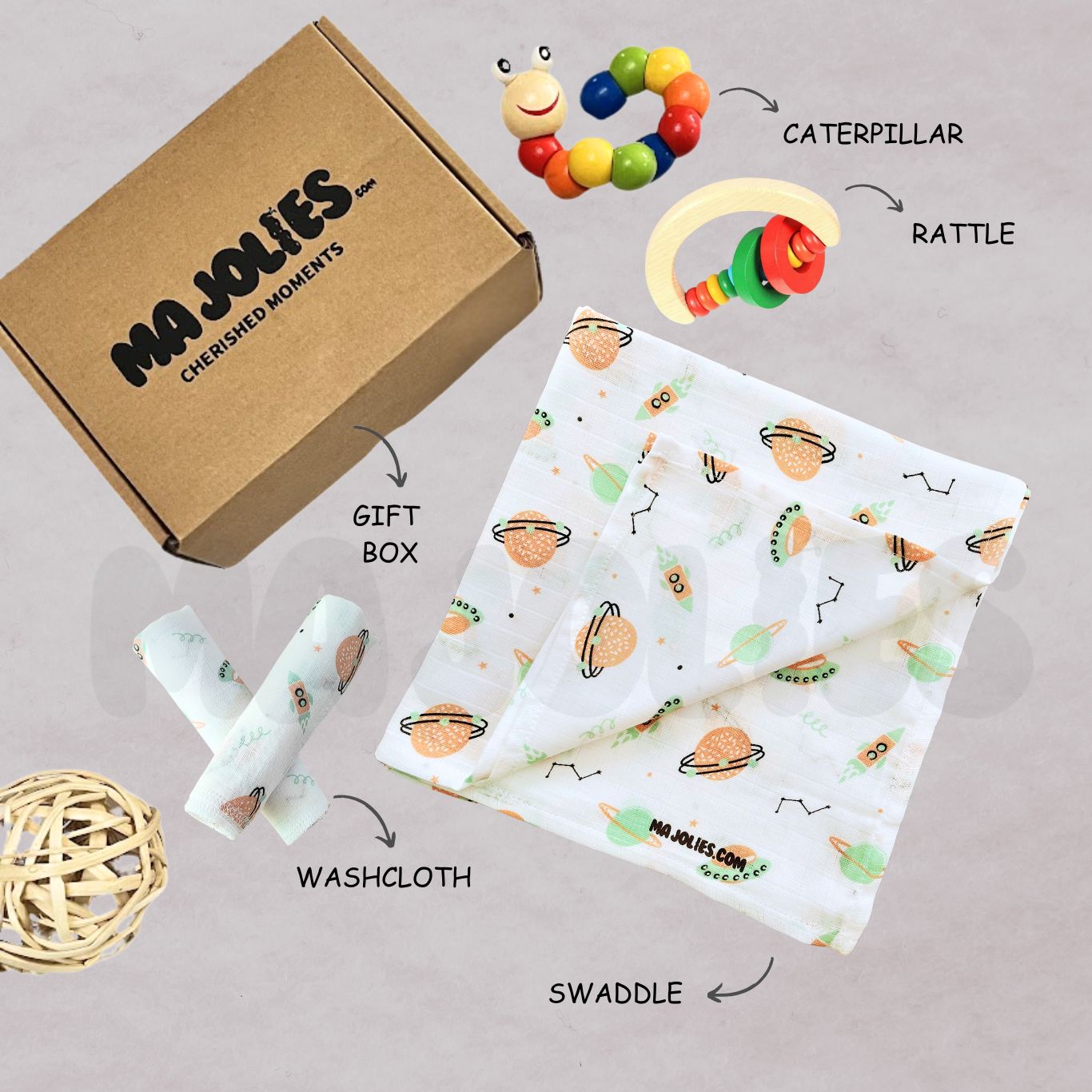 Newborn Cuddle & Rattle Gift Set – Muslin Swaddle, Washcloth & Beaded Rattle
