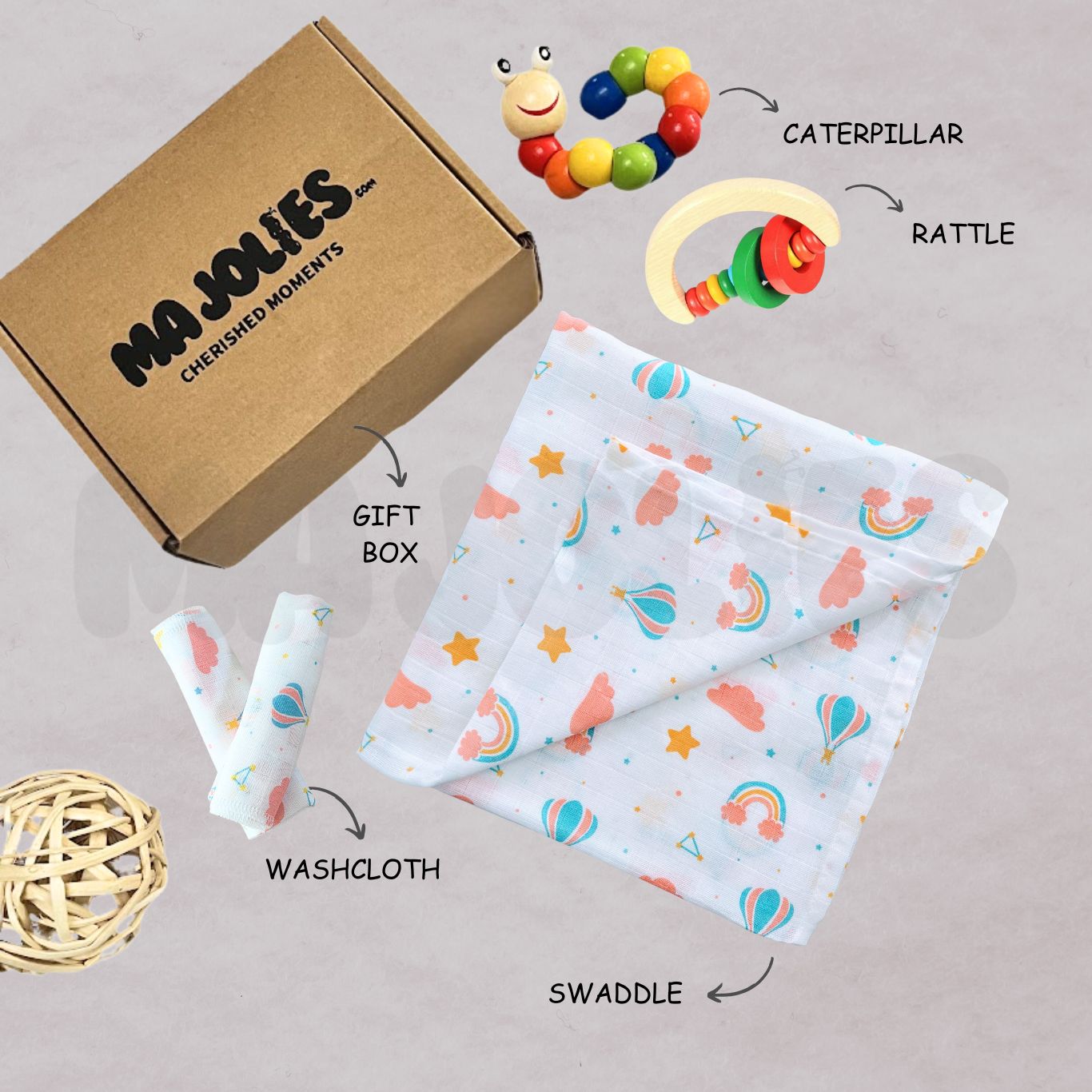Newborn Cuddle & Rattle Gift Set – Muslin Swaddle, Washcloth & Beaded Rattle