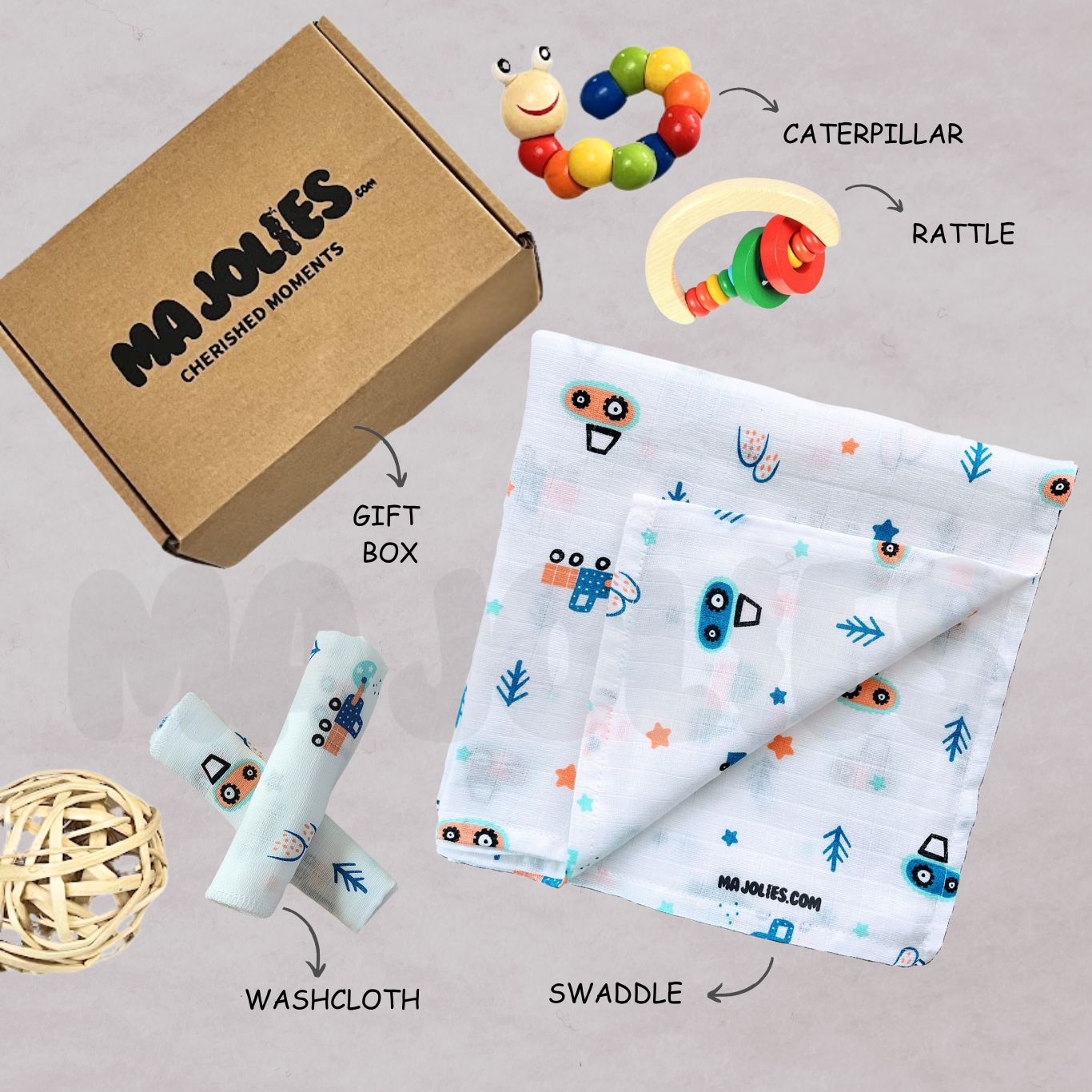 Newborn Cuddle & Rattle Gift Set – Muslin Swaddle, Washcloth & Beaded Rattle