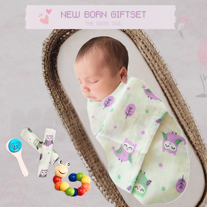 Newborn Snuggle & Play Gift Set – Muslin Swaddle, Washcloth & Wooden Toys
