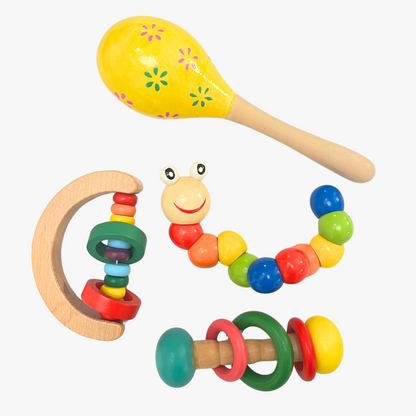 Infant Rattle Set (4 Pcs) - Beaded Rattles X 2, Caterpillar x 1, Egg Rattle x 1