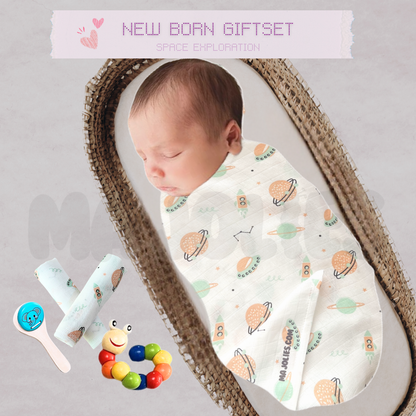Newborn Snuggle & Play Gift Set – Muslin Swaddle, Washcloth & Wooden Toys