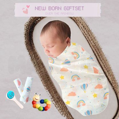 Newborn Snuggle & Play Gift Set – Muslin Swaddle, Washcloth & Wooden Toys