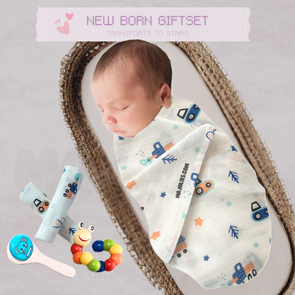 Newborn Snuggle & Play Gift Set – Muslin Swaddle, Washcloth & Wooden Toys