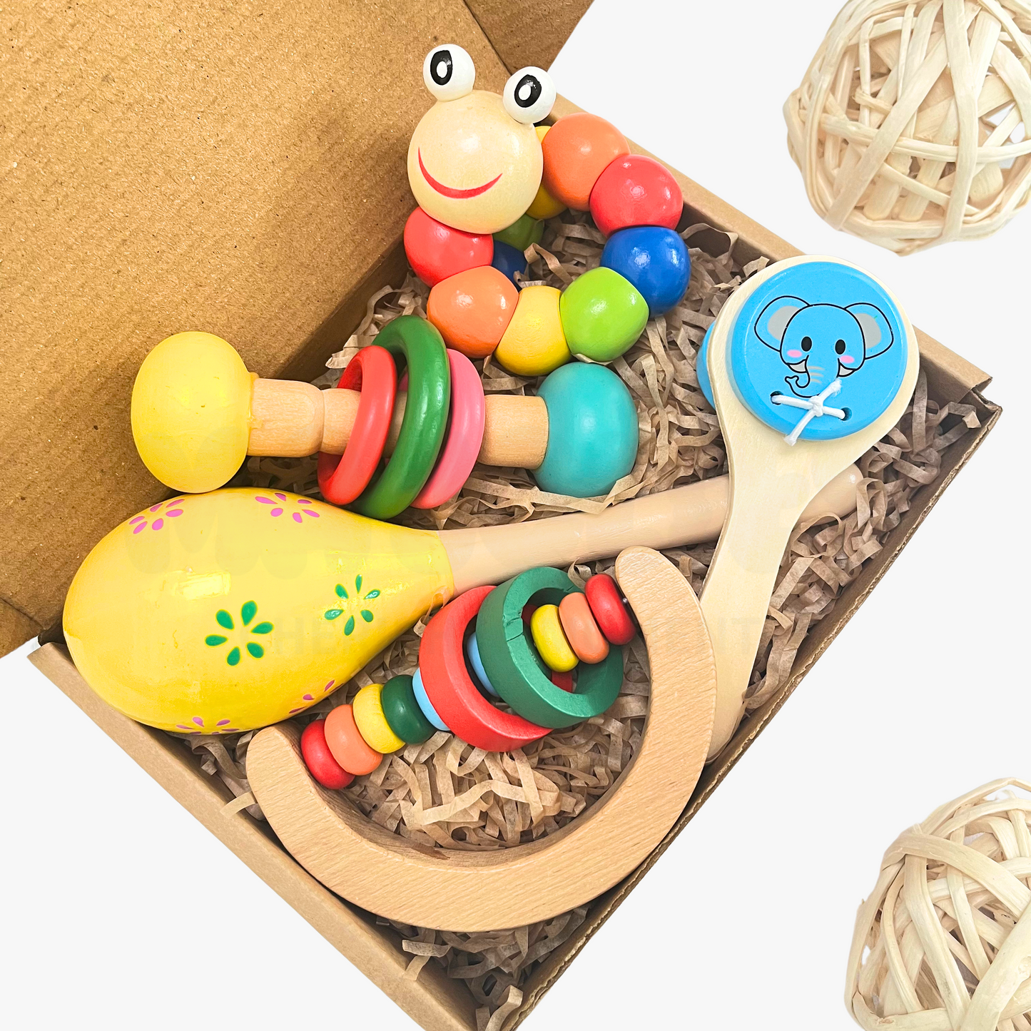 Infant Rattle Set (5pc) - Beaded Rattles X 2, Caterpillar x 1, Egg Rattle x 1, Clapper x 1