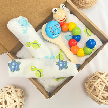 Newborn Snuggle & Play Gift Set – Muslin Swaddle, Washcloth & Wooden Toys