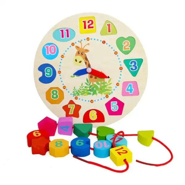 TODDLER SET04: Contains Knob Puzzle, Stacker 1-in-5 Simple, Wooden lacing Clock