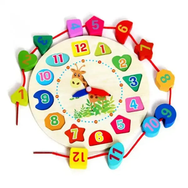 TODDLER SET04: Contains Knob Puzzle, Stacker 1-in-5 Simple, Wooden lacing Clock