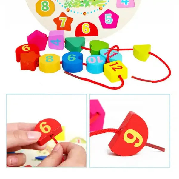 TODDLER SET04: Contains Knob Puzzle, Stacker 1-in-5 Simple, Wooden lacing Clock