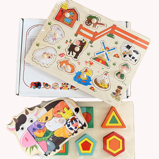 PRE-SCHOOL SET05: Contains Tray Puzzle, Knob Puzzle, Geometric Shapes Puzzle