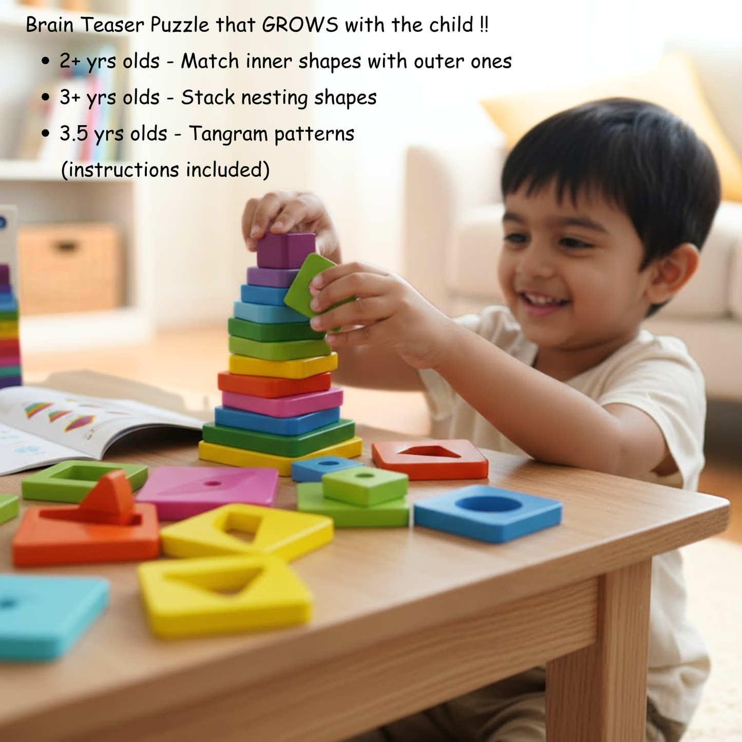 Square Ring Stacker with Tangram - Multi-functional Toy that grows with your child
