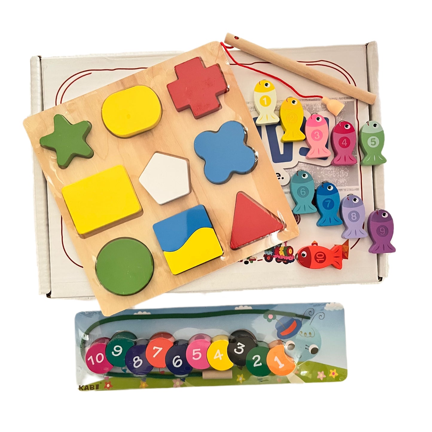 TODDLER SET02: Contains Fishing Set, Shapes Puzzle, Lacing Caterpillar