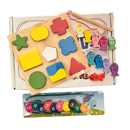 TODDLER SET02: Contains Fishing Set, Shapes Puzzle, Lacing Caterpillar