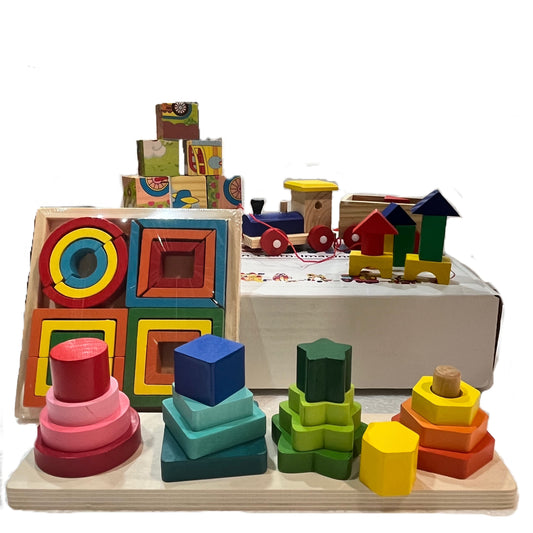 TODDLER SET05: Contains Shape Stacker, Building Blocks Train, Cube Puzzle, Geometric Blocks