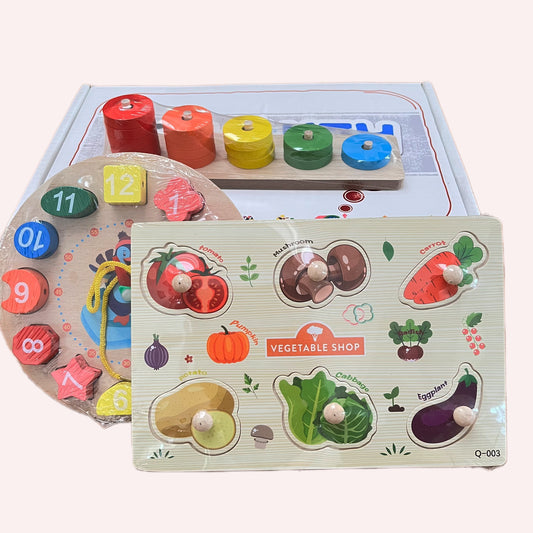 TODDLER SET04: Contains Knob Puzzle, Stacker 1-in-5 Simple, Wooden lacing Clock