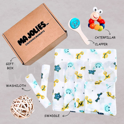 Newborn Snuggle & Play Gift Set – Muslin Swaddle, Washcloth & Wooden Toys