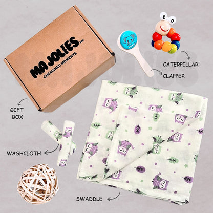 Newborn Snuggle & Play Gift Set – Muslin Swaddle, Washcloth & Wooden Toys