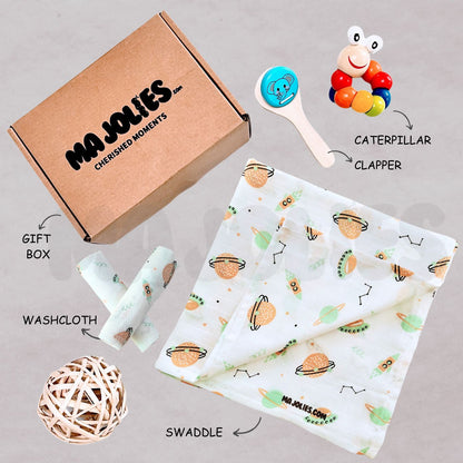 Newborn Snuggle & Play Gift Set – Muslin Swaddle, Washcloth & Wooden Toys
