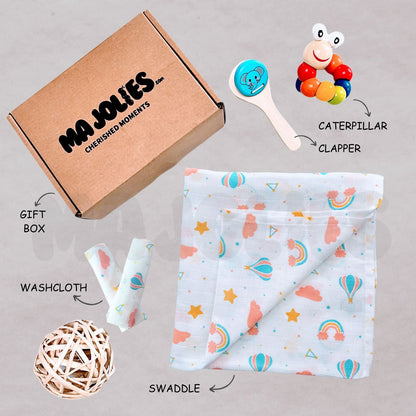 Newborn Snuggle & Play Gift Set – Muslin Swaddle, Washcloth & Wooden Toys