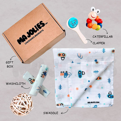 Newborn Snuggle & Play Gift Set – Muslin Swaddle, Washcloth & Wooden Toys