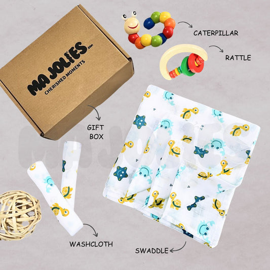 Cuddle & Rattle Baby Gift Set – Muslin Swaddle & Beaded Rattle