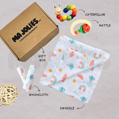 Cuddle & Rattle Baby Gift Set – Muslin Swaddle & Beaded Rattle